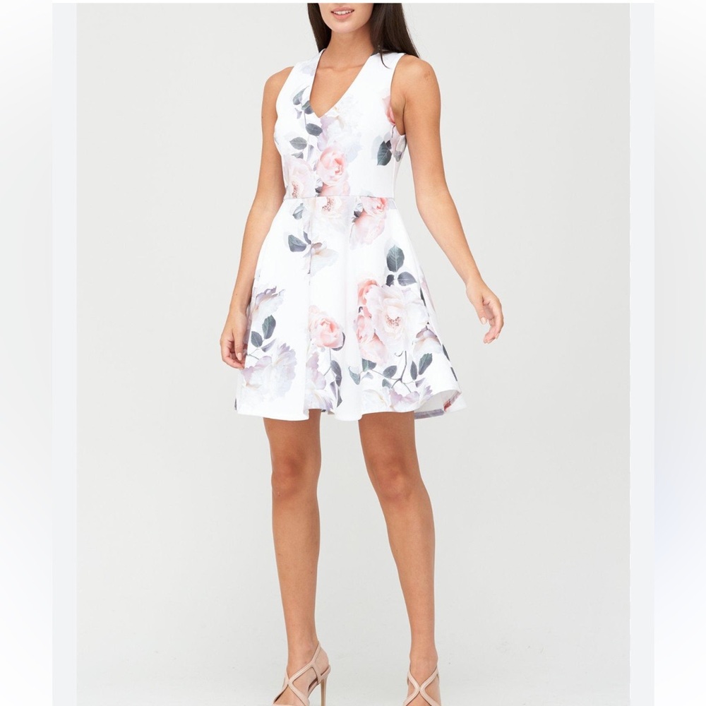 Ted Baker White Floral Mini Dress with Pink Roses